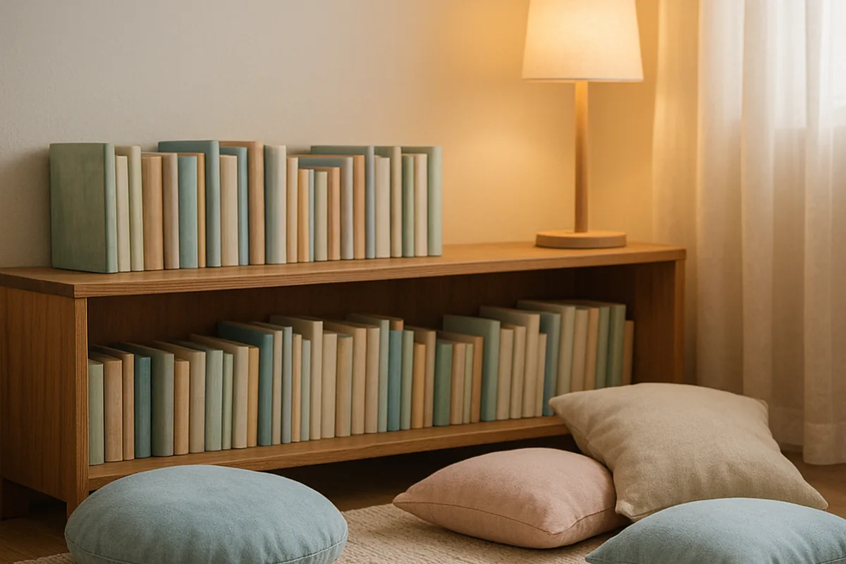 Coin lecture pour enfants avec coussins et petite bibliothèque