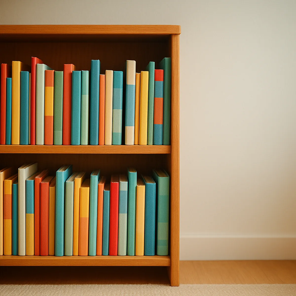 Étagère en bois remplie de livres illustrés pour enfants aux couleurs vives